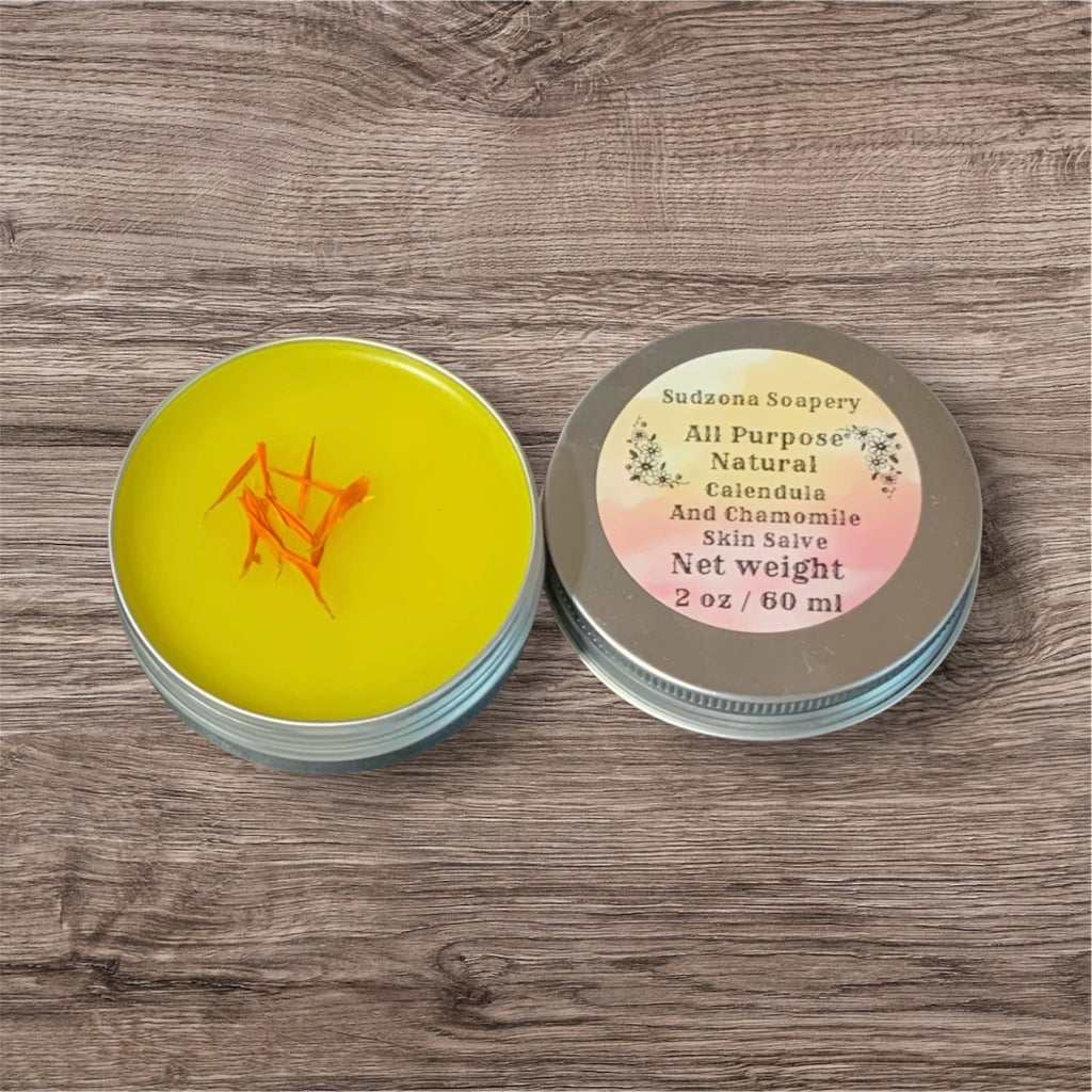 Calendula & Chamomile Herbal Salve – All Natural Balm with Jojoba & Sunflower 2 oz Tin