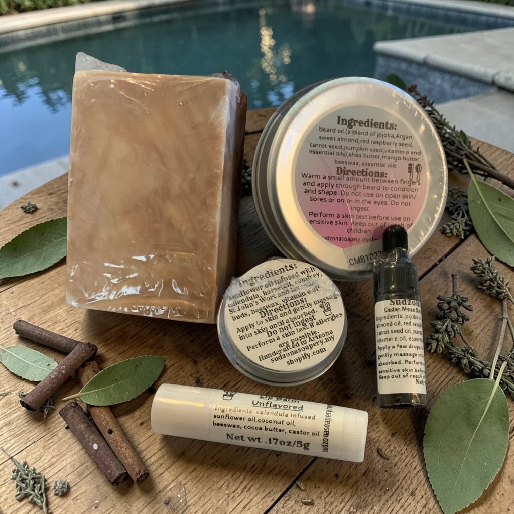 Rustic Men’s Care Gift Set – Soap, Beard Grooming, Lip Balm & Herbal Salve
